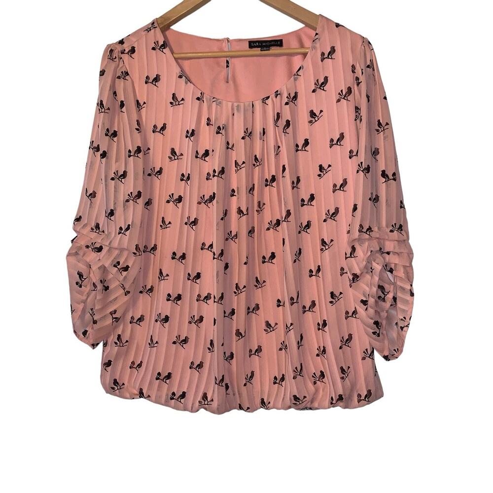 Sara Michelle Women’s Lined Blouse Pink & Brown Bird Design Size L